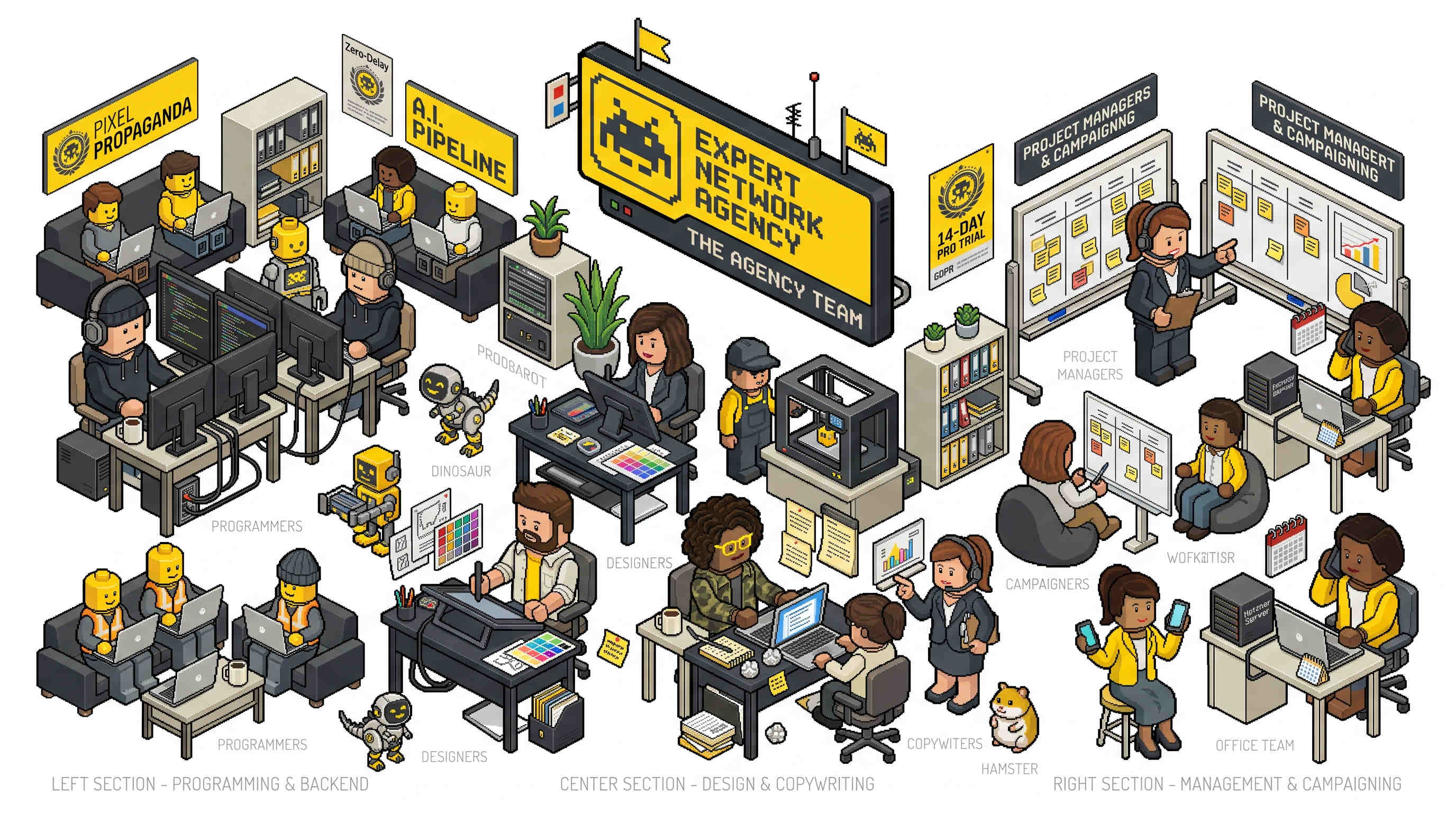 Pixel art agency floor with programmers, designers, copywriters and campaign managers