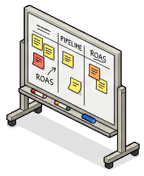 Pipeline whiteboard with ROAS sticky notes