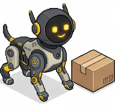 Robot dog next to a shipping carton for cart links