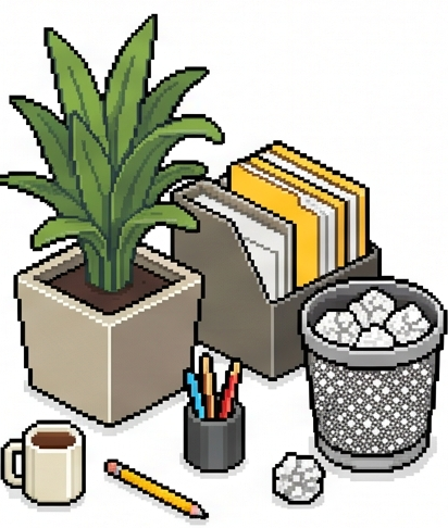 Desk kit for a free workspace: plant, folders, mug