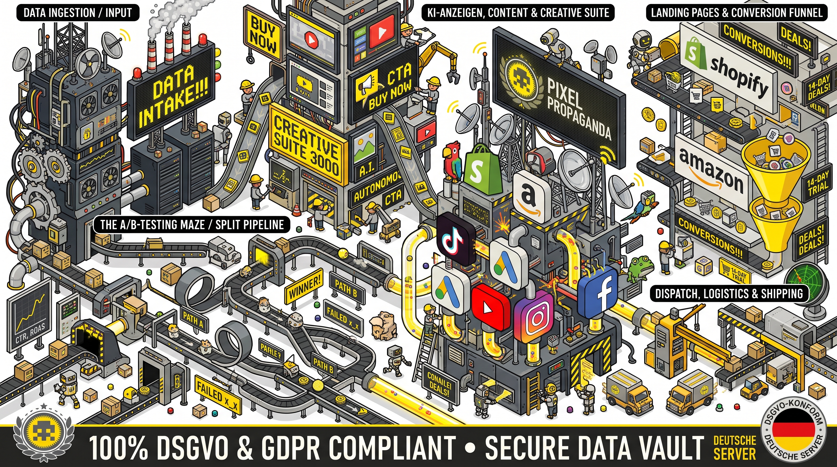 Factory floor: data intake, creative suite, A/B testing maze, Shopify and Amazon conversions, dispatch, GDPR vault on a German server